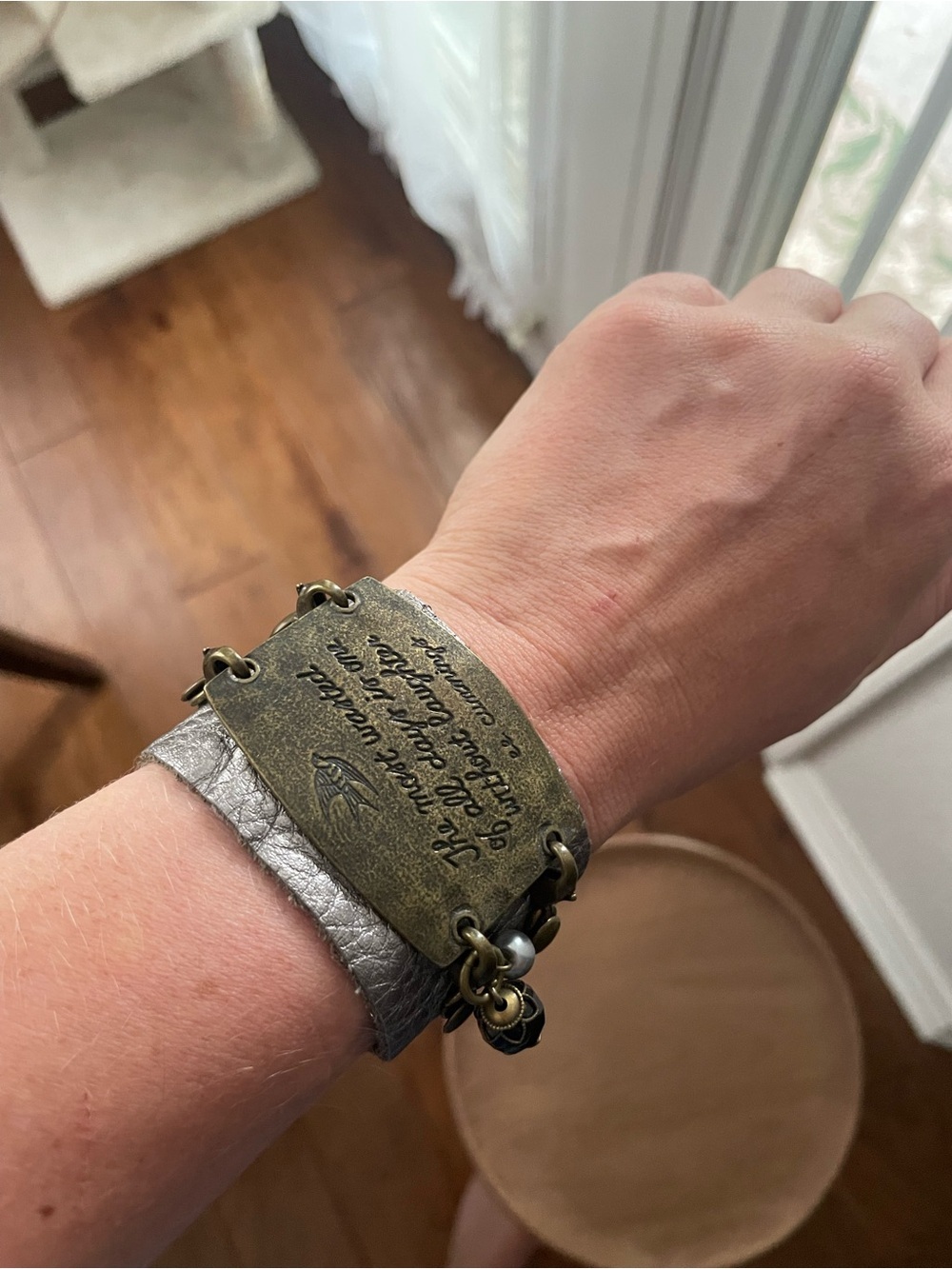 Inspirational Metallic Leather Bracelet with Brass Plate and Charms - Picture 3 of 8